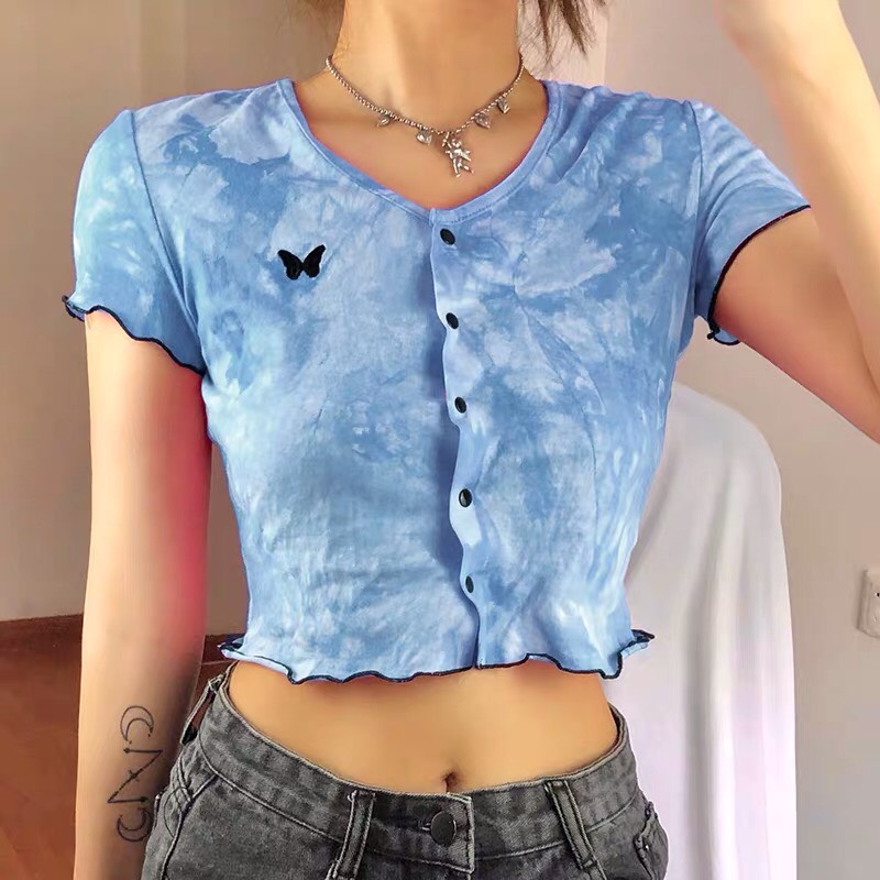 [Có ảnh thật] Áo croprop phối cúc in hình bướm