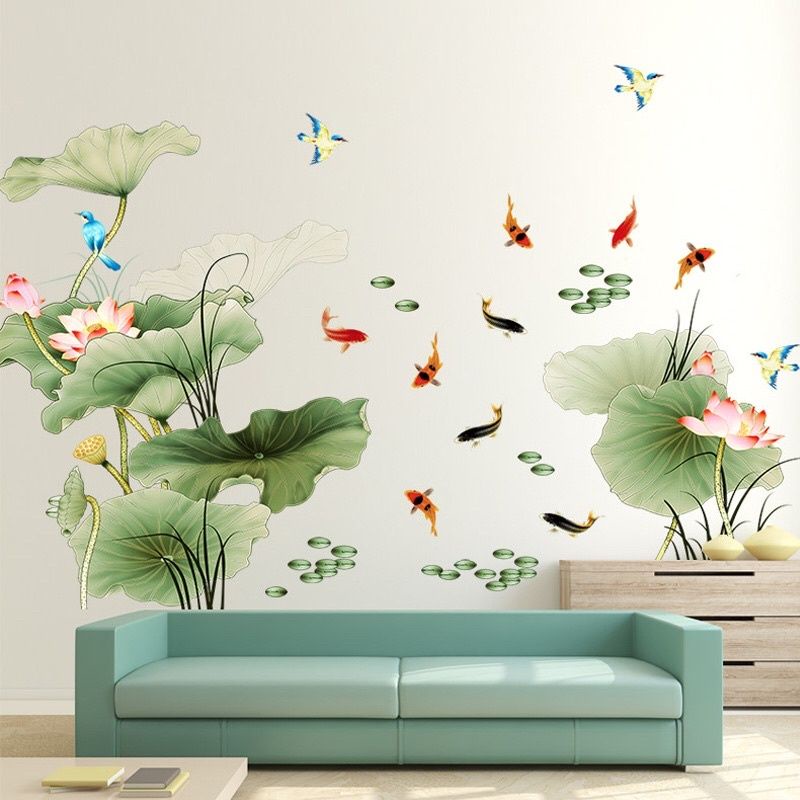 Decal dán tường chất liệu cao cấp đầm sen to và cá
