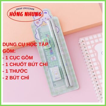 [ Sale Lớn] Bộ Combo Học Tập Xinh Xắn ( 2 Bút Chì, 1 Cục Gôm, 1 Thước, 1 Đồ Chuốt)