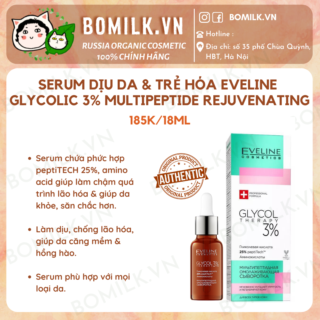 Serum dịu da & trẻ hóa Eveline Glycol therapy 3% Multipeptide rejuvenating
