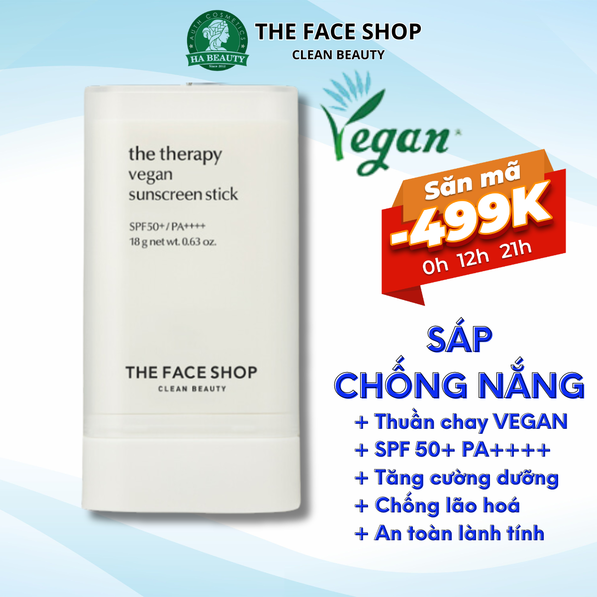 Sáp chống nắng Thuần Chay dạng thỏi The Face Shop the therapy vegan sunscreen stick SPF50+ PA++++ 18g
