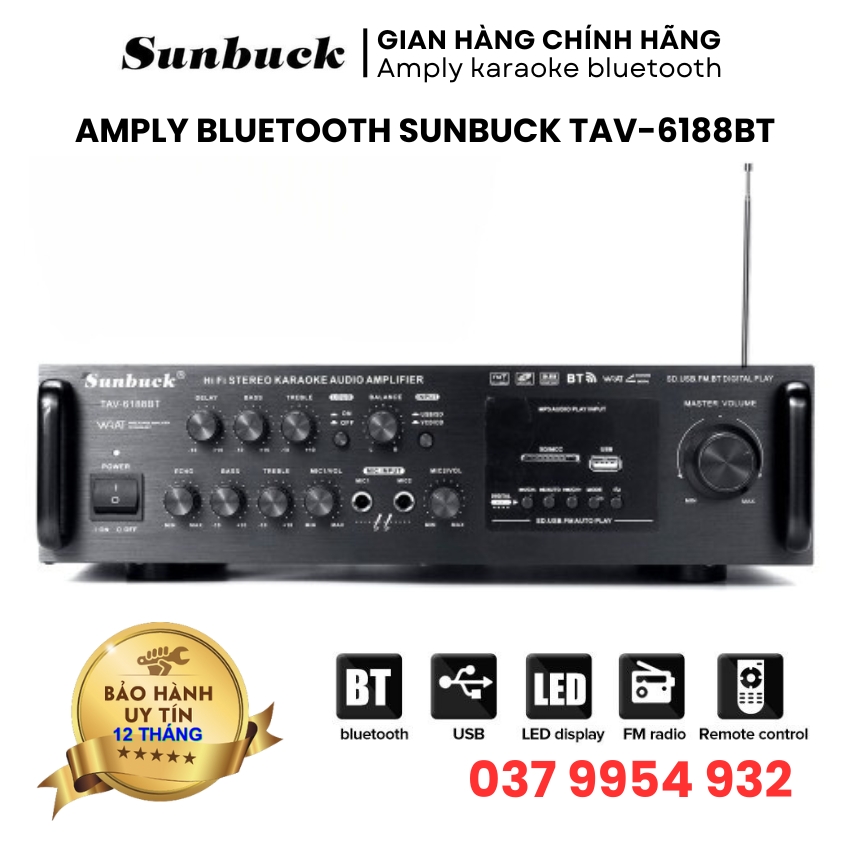 Amply karaoke bluetooth sunbuck 6188bt 220v/12v công suất lớn 400w đánh cực hay, amly đa chức năng cho xe hơi và gia đình bh 12 tháng