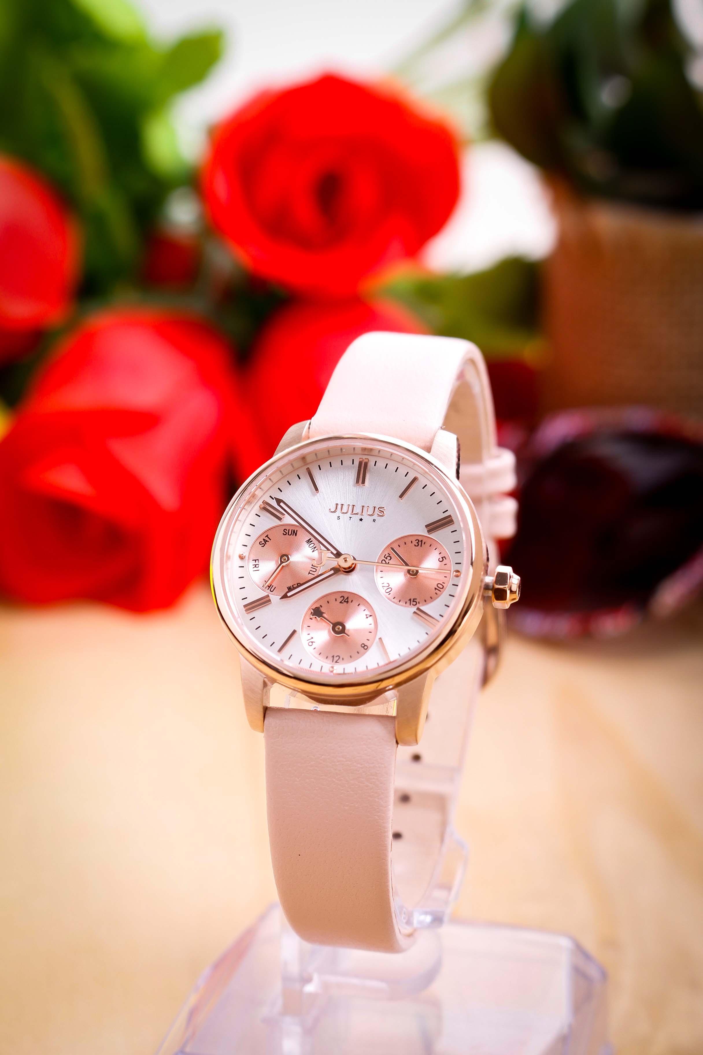 ĐỒNG HỒ NỮ JS-023B JULIUS STAR HÀN QUỐC DÂY DA (HỒNG)
