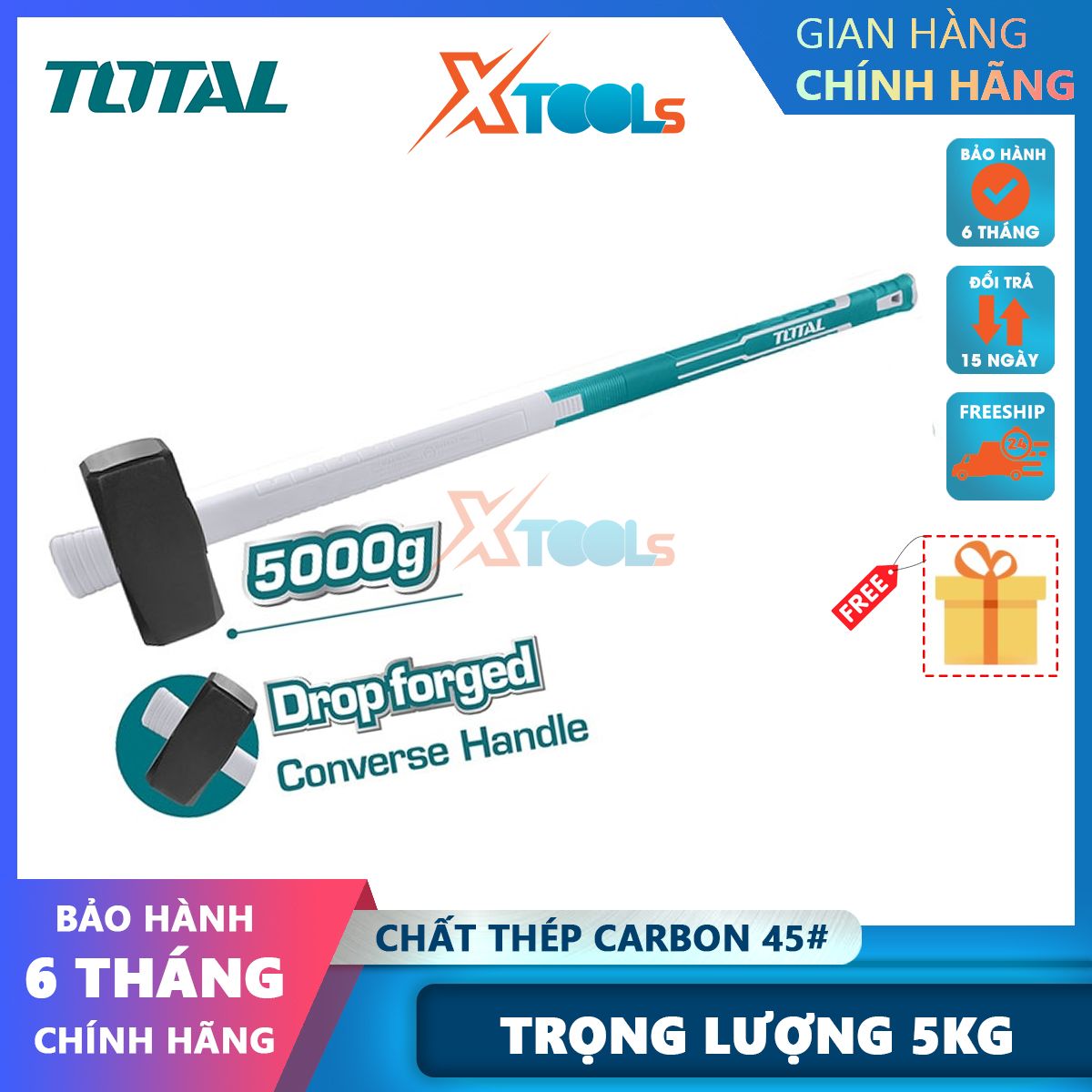 Búa tạ 5kg TOTAL THT72056D đầu búa thép carbon 45 được tôi luyện, xử lý nhiệt, tay cầm sợi thủy tinh độc đáoxtools