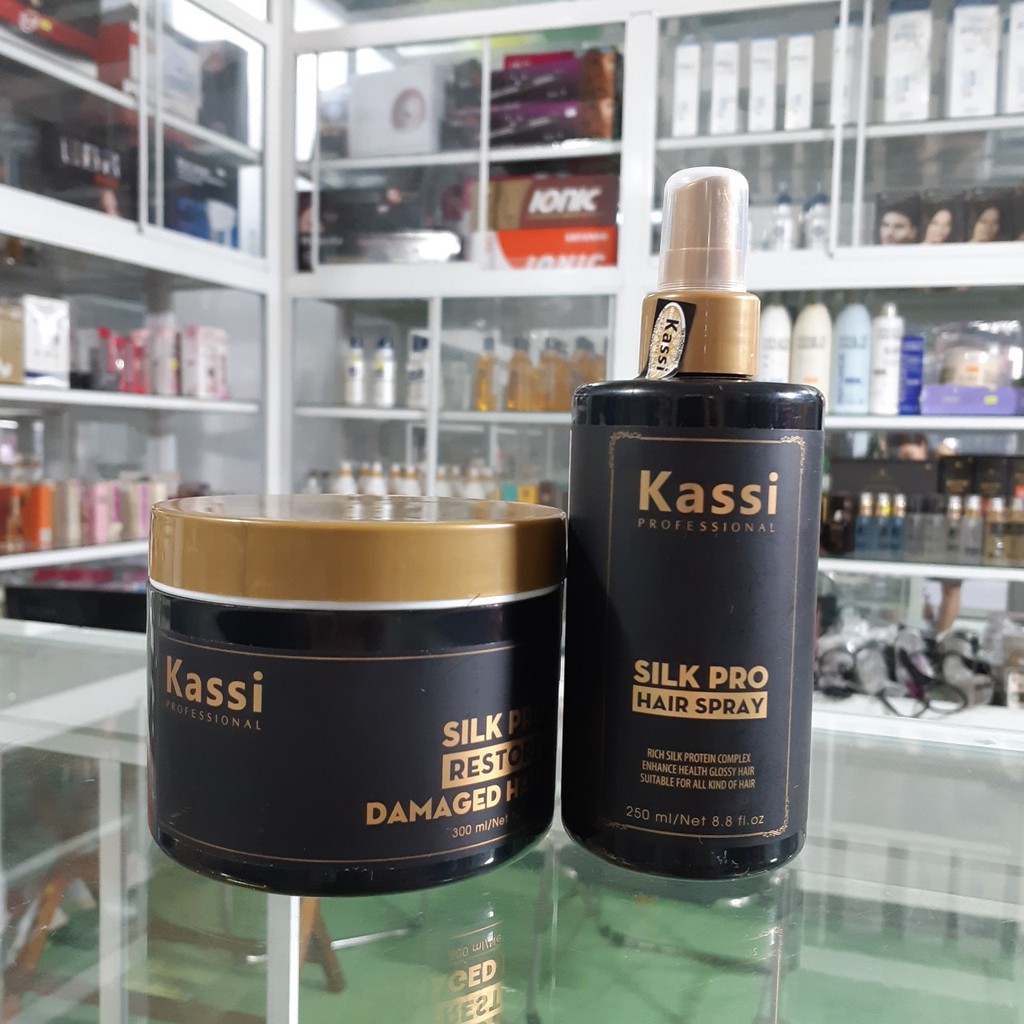COMBO Xịt dưỡng và Kem hấp tóc phục hồi hư tổn Kassi Silk Pro Repair 300ml