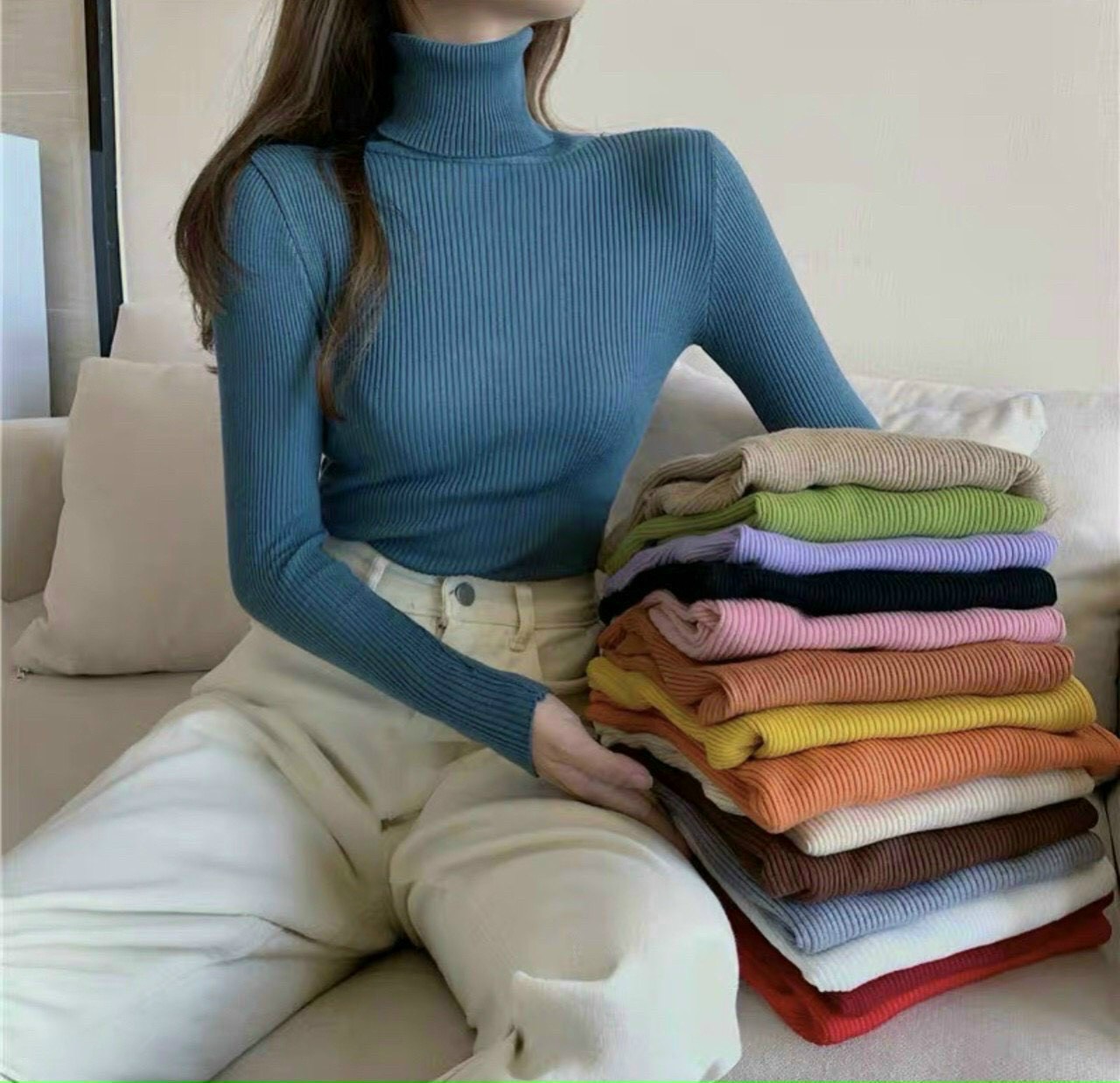 Áo cổ lọ tay dài thun gân Áo thun nữ - Áo kiểu nữ form duoi 53kg