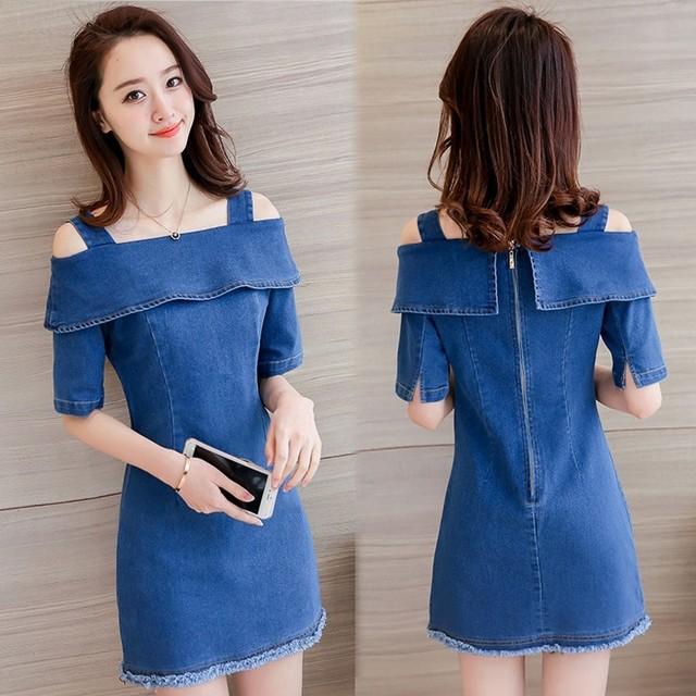 [HCM]Đầm Jean Cutout Vai Lật Thời Trang - TP1314