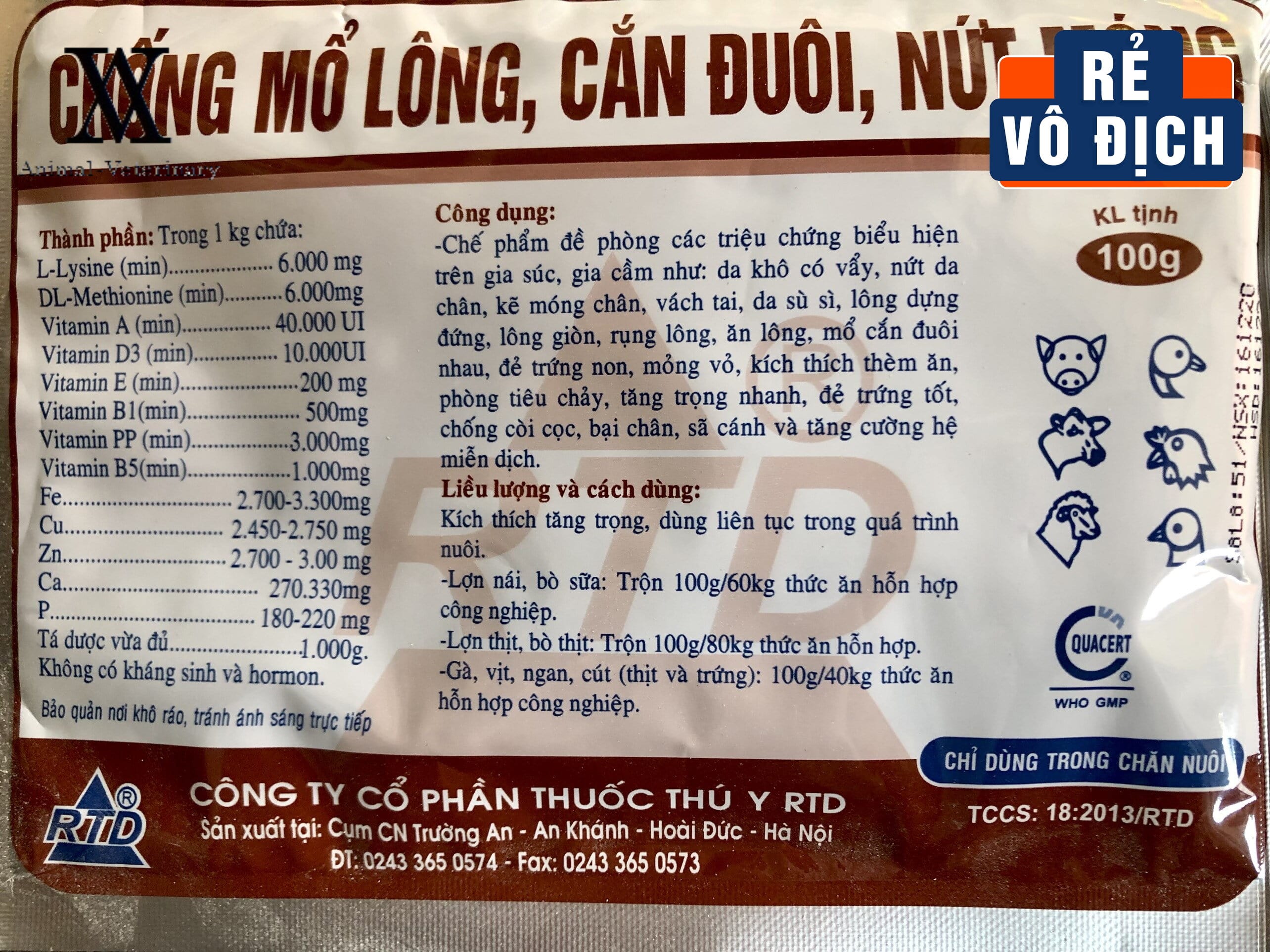 Thuốc thú y RTD CHỐNG MỔ LÔNG, CẮN ĐUÔI, NỨT MÓNG 100g