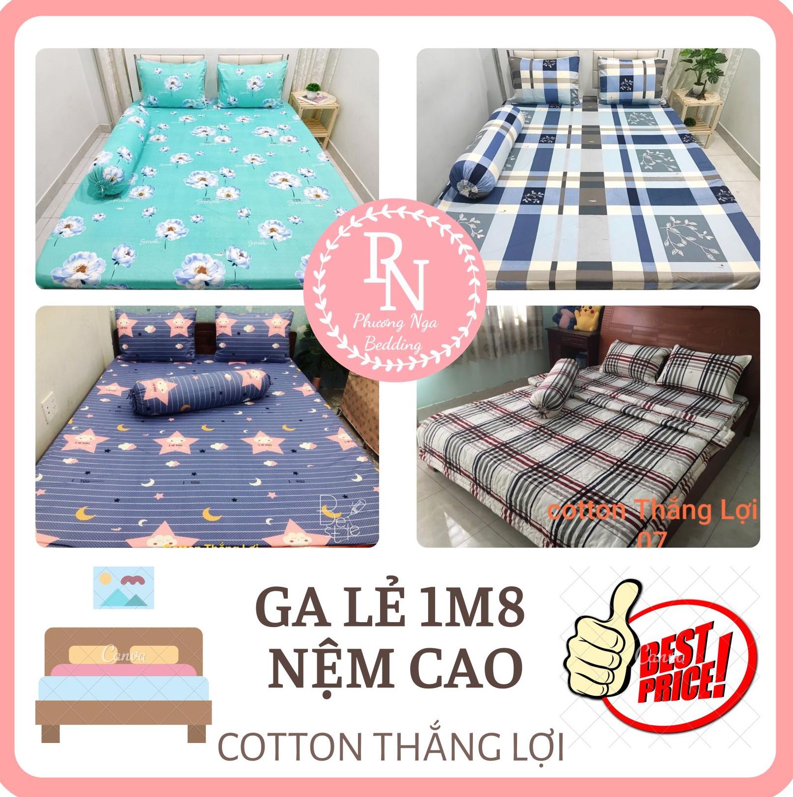 [HCM][Nệm cao]Ga lẻ 1m8 x 2m Cotton Thắng Lợi chuẩn logo (Không áo gối dùng cho nệm cao từ 16-25cm)