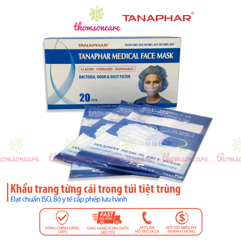 Khẩu trang y tế Tanaphar 3 lớp - hộp 20 chiếc, từng cái trong túi tiệt trùng - Đạt chuẩn ISO cao cấp