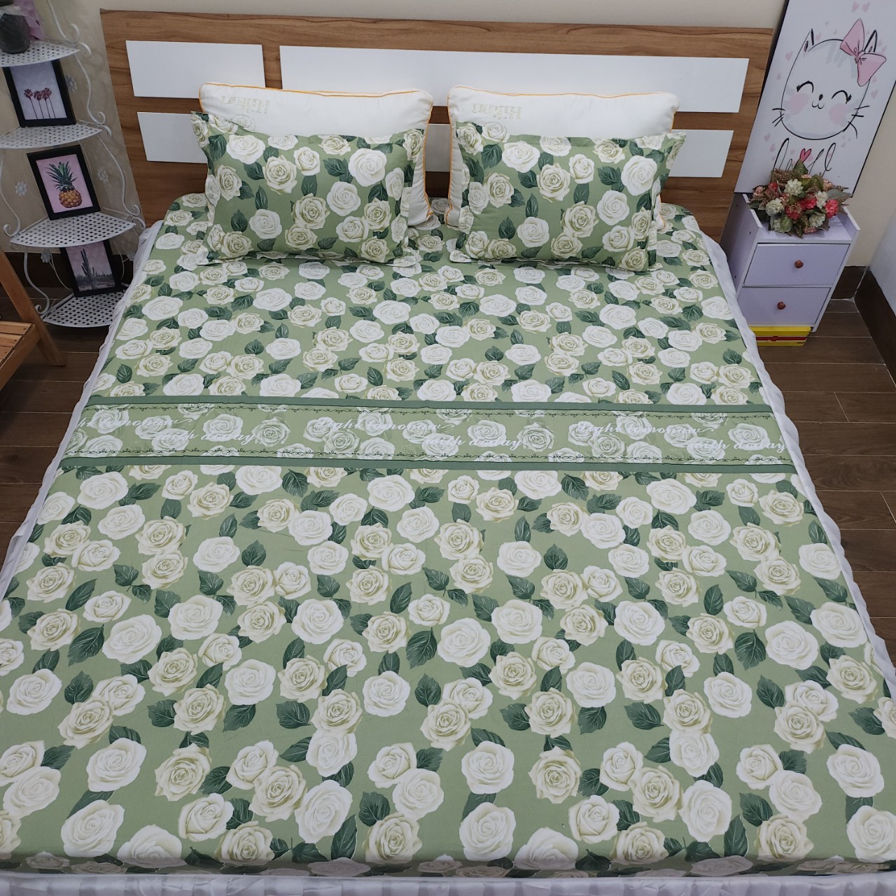 Bộ ga gối 💖m2/m6/m8/2m💖 drap giường poly ga bọc đệm cute + 2 vỏ gối nằm cute - Nguyệt Ánh Bedding - Lờ Vê Gấu Rich, Bơ xanh, Cá heo,...