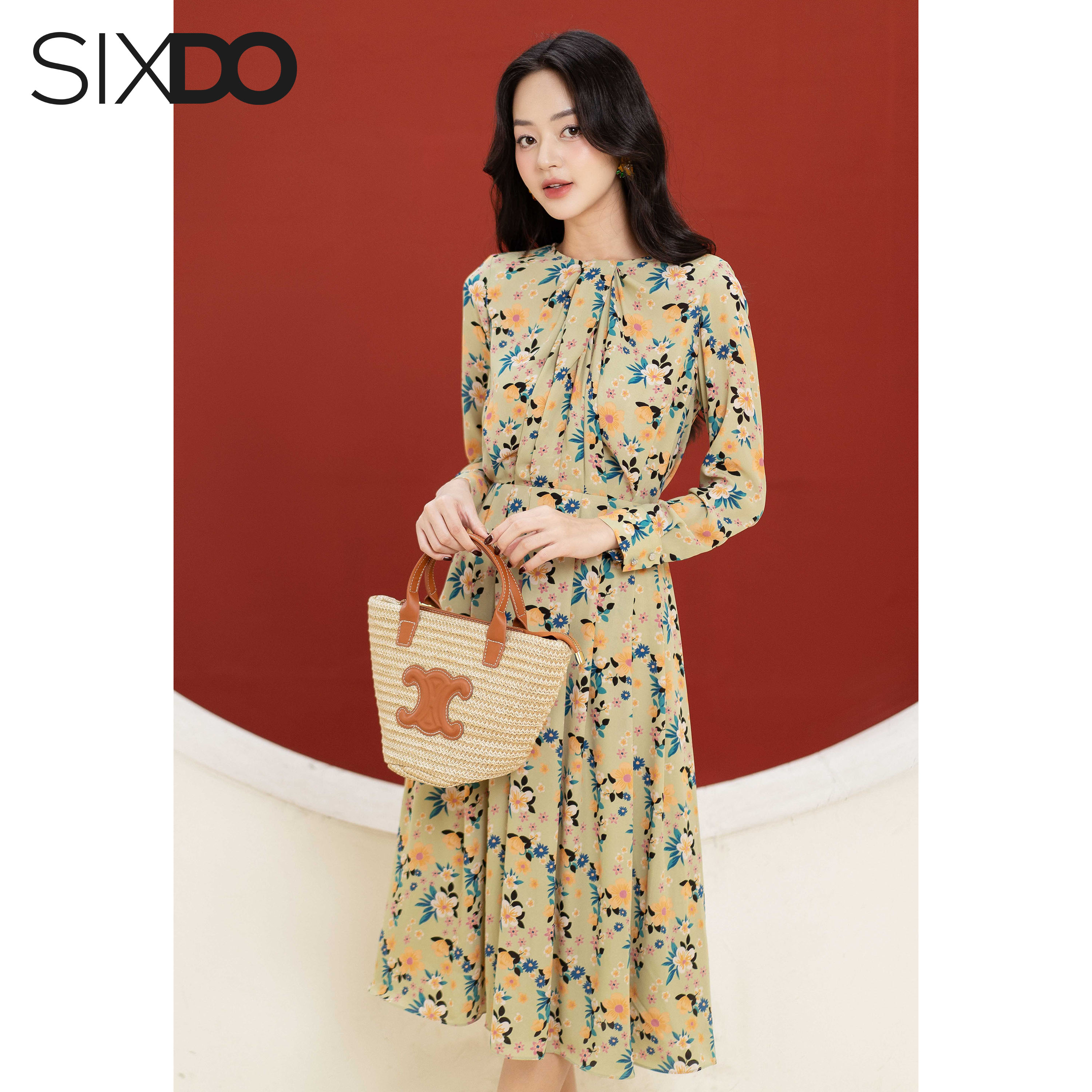 Đầm hoa chiffon xếp ly dài tay SIXDO (Green Nuggets Floral Midi Chiffon Dress)