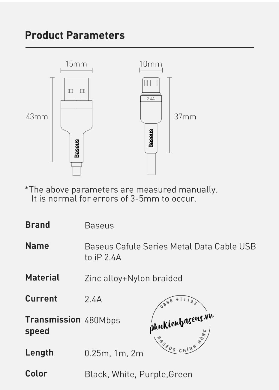 Cáp sạc nhanh USB Lightning, siêu bền Baseus Cafule Metal Series