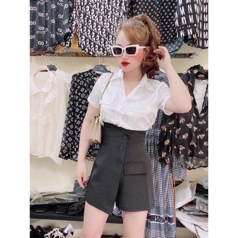 áo sơ mi lụa gấm cộc tay 2 túi ngực