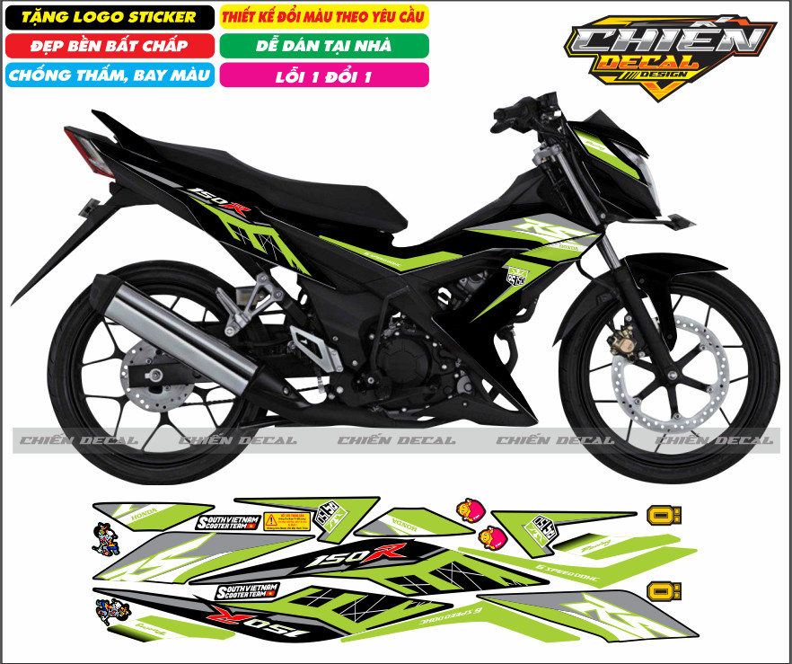 Tem rời xe sonic 150 màu đen mẫu tem RS nhiều kiểu lựa chọn (tem 3 lớp cao cấp)