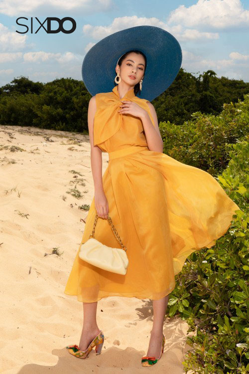 Chân váy tơ oganza hai lớp SIXDO (Yellow Box Pleated Midi Skirt)