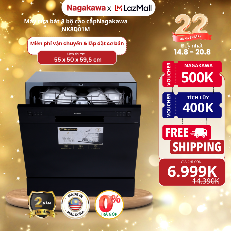 Máy rửa bát Nagakawa NK8D01M, dung tích 8 bộ Châu Âu, 6 chương trình rửa tiện ích, độ ồn thấp, vận hành êm ái, nhớ chương trình rửa khi mất điện - bảo hành 2 năm - made in Malaysia