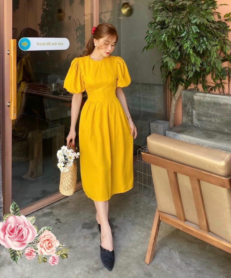 Đầm Xòe Midi Trơn Tay Phồng Chít Eo 5 Màu [Ảnh Thật Cuối] - DX0036