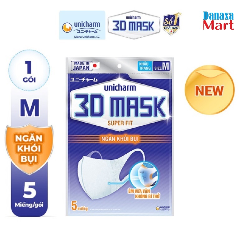 Khẩu trang ngăn khói bụi Unicharm 3D Mask Super Fit gói 5 cái
