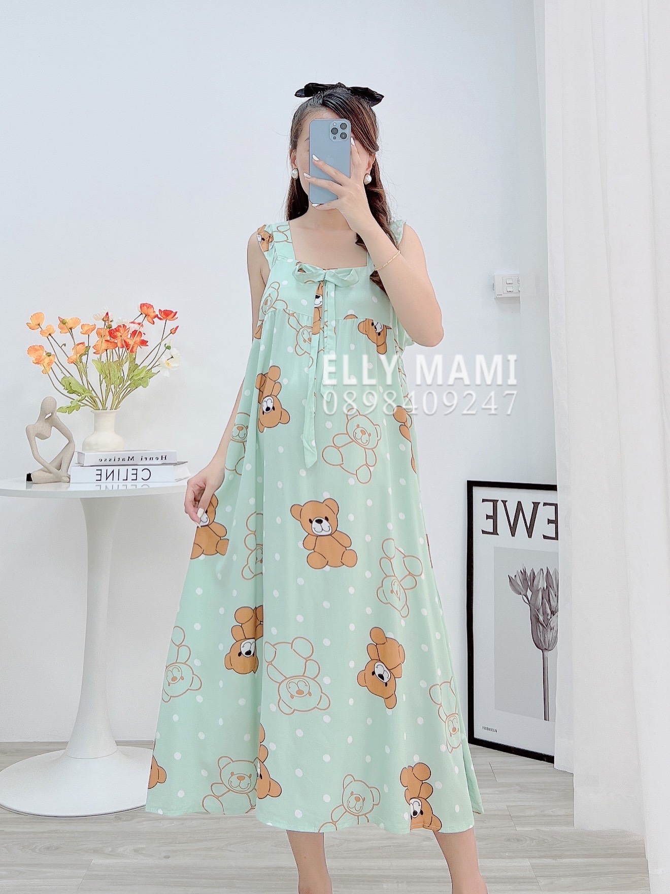 Đầm bầu , suông tole lanh , tôn 2 da thái 2 dây cổ vuông nơ siêu mát nhẹ tênh