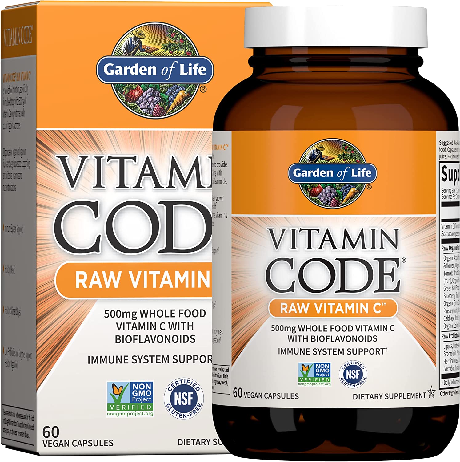Hũ 60-120 viên vitamin c từ trái cây - rau củ garden of life - vitamin c code raw, 500mg whole food with bioflavonoids, fruits & veggies, probiotic, vegan, non-gmo