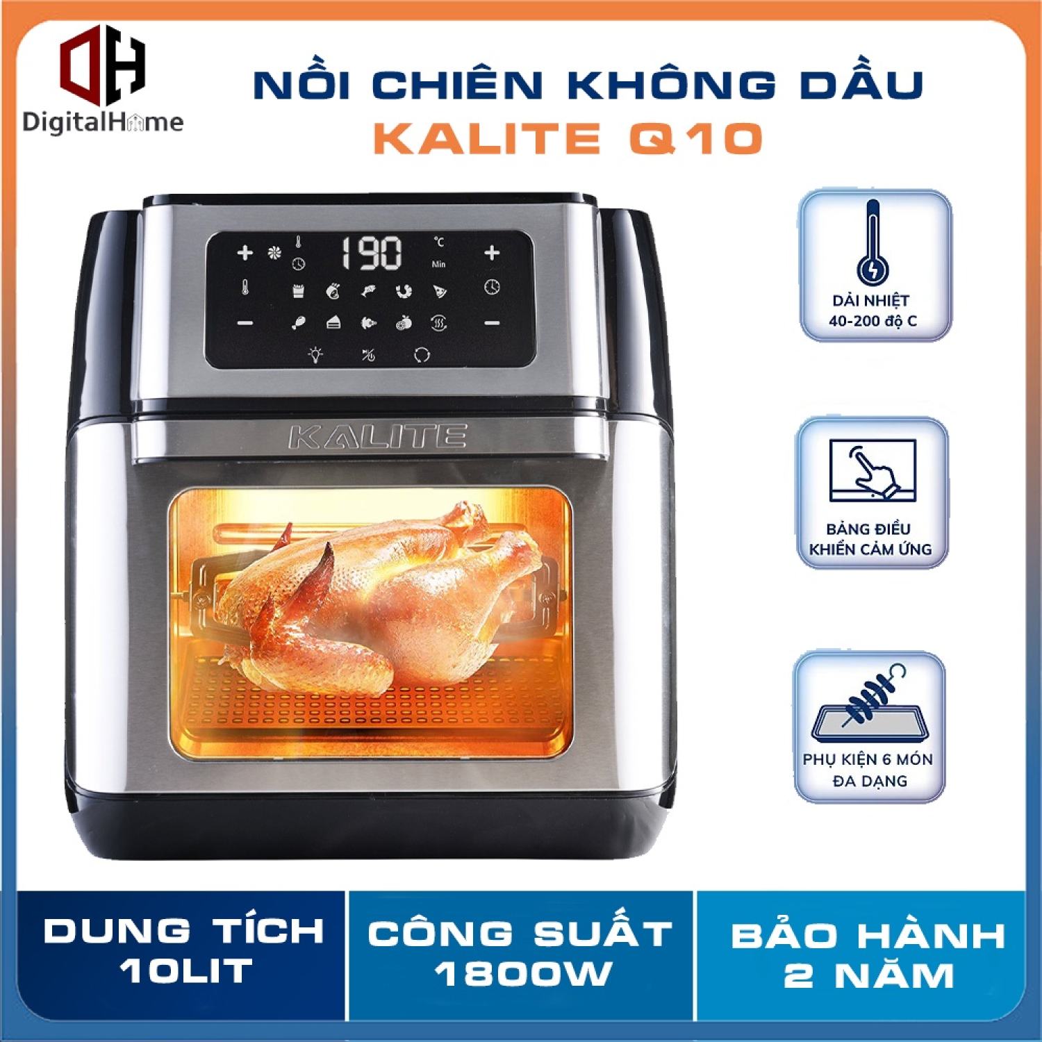 Nồi chiên không dầu Kalite Q10, công suất 1800W, dung tích lớn 10L, bảng điều khiển LED hiện đại