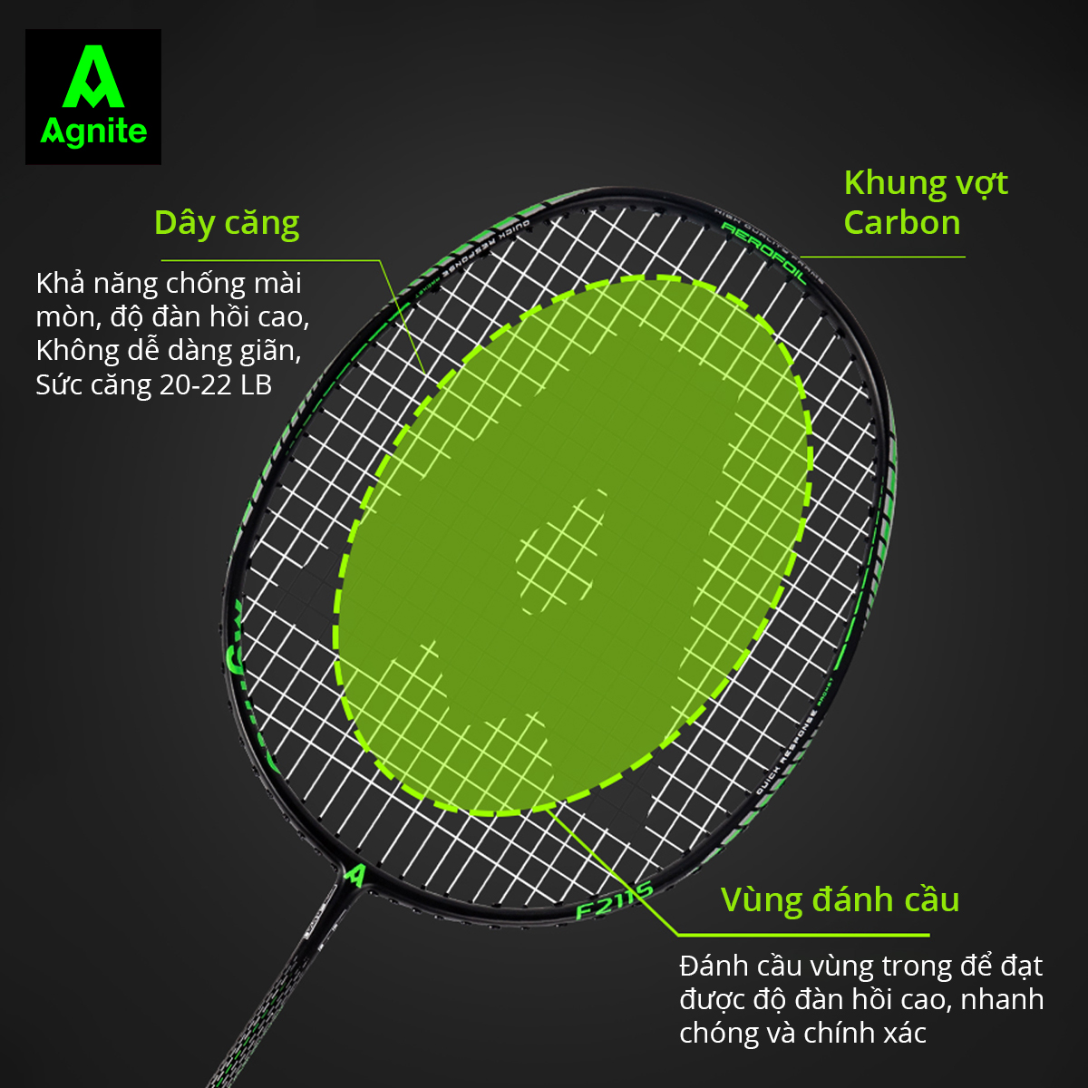 1 chiếc vợt cầu lông cao cấp Agnite chính hãng - khung carbon siêu bền, nhẹ, đẹp - tặng kèm túi đựng, căng sẵn dây