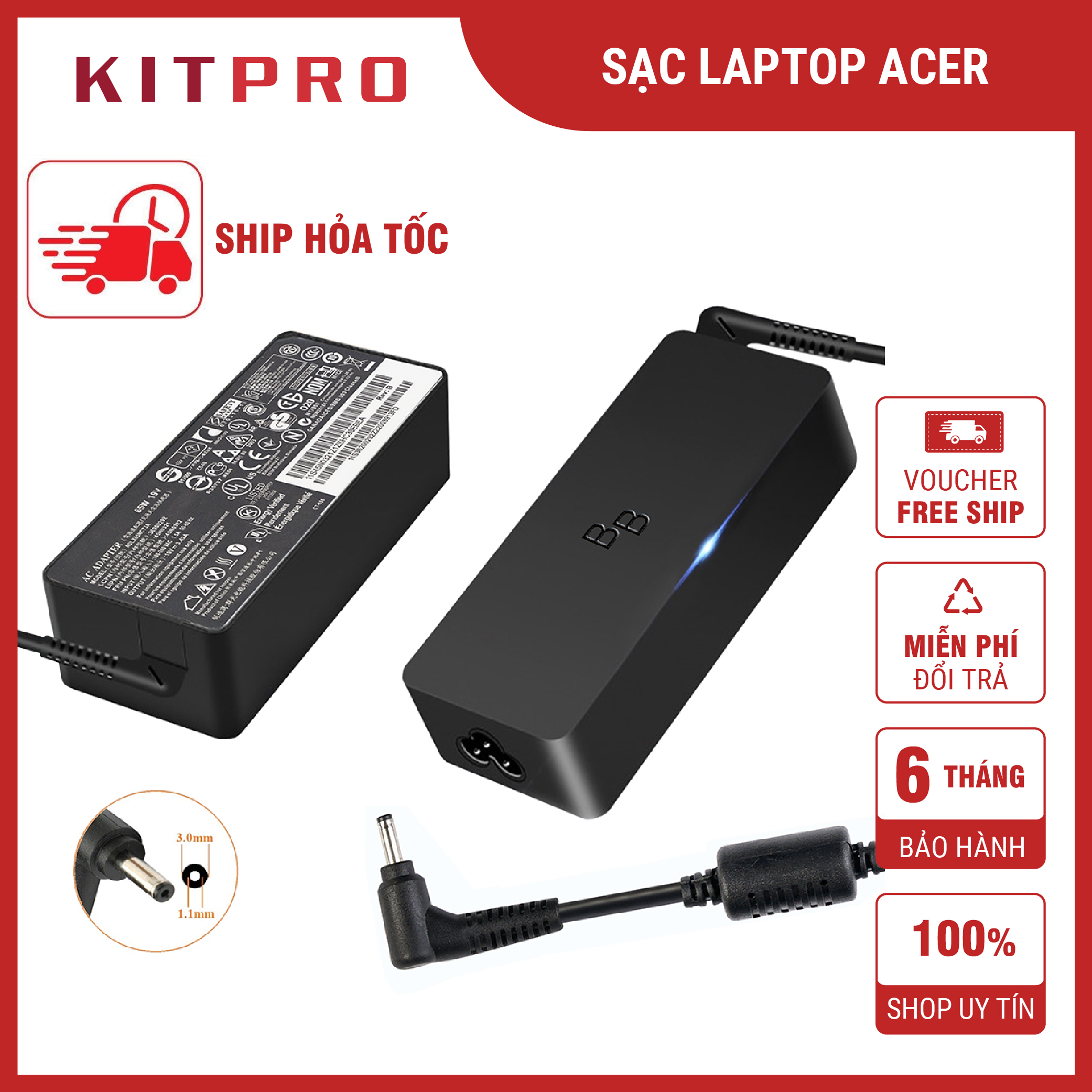 Cục Sạc Laptop Acer Đầu Nhỏ 19V 2.37A 3.42A Chuôi 3.0 x 1.1mm Adapter Laptop Dây Sạc Acer Swift Aspire 3 5 Ship Hỏa Tốc