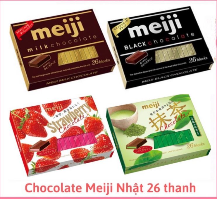 Date 26 Socola Meiji Nhật 120g  hộp 26 Thanh - socola trà xanh / socola sữa / socola đen/ socola dâu