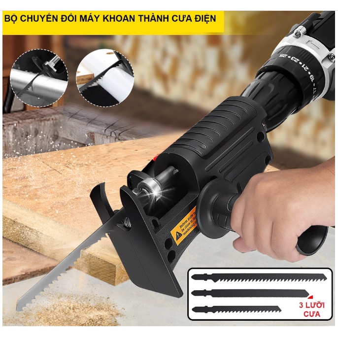 Bộ chuyển đổi máy khoan thành máy cưa điện cầm tay kèm 3 lưỡi cưa cắt gỗ kim loại ( lắp được khoan pin và khoan điện)