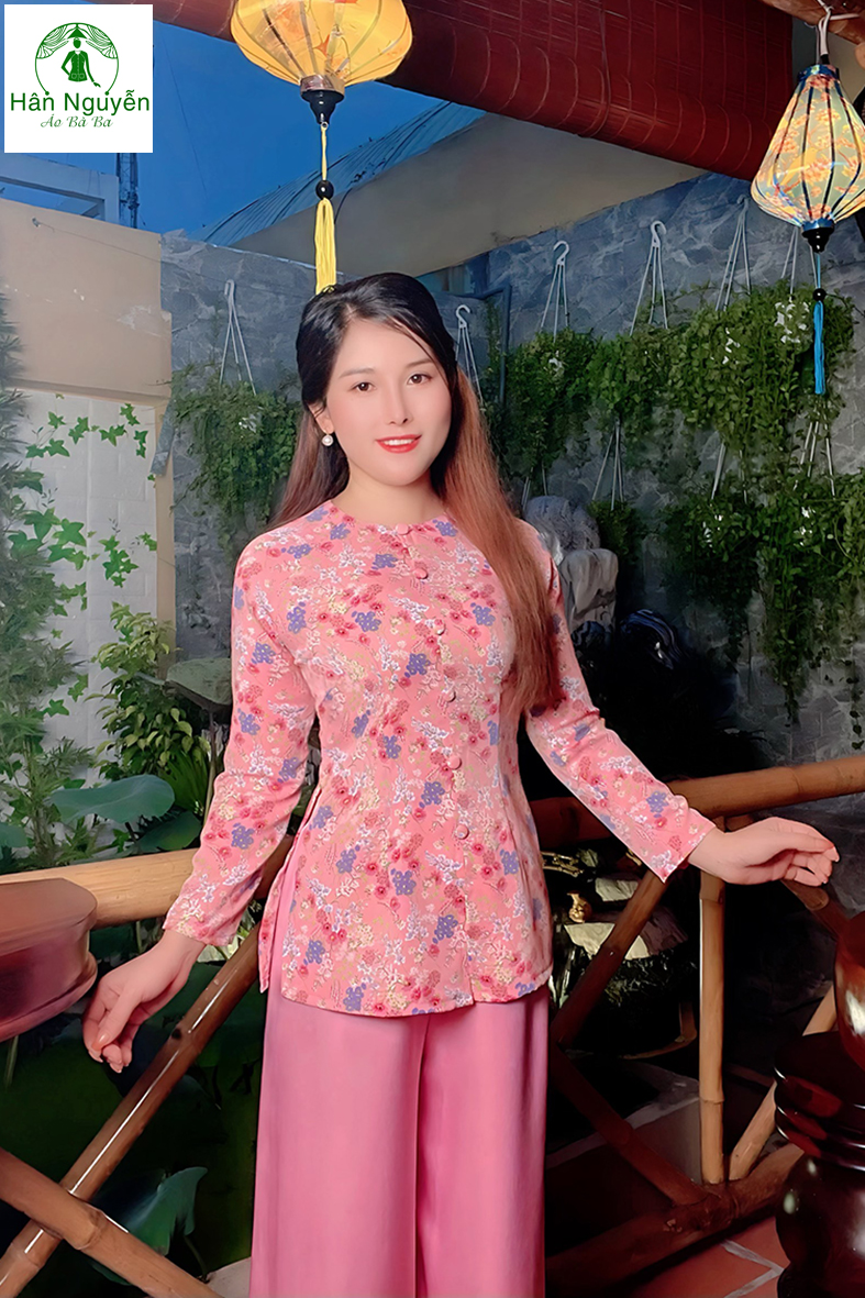 B.A79 - Bộ Bà Ba Lụa in Hoa Thanh Liễu Nút Bọc Dây Kéo