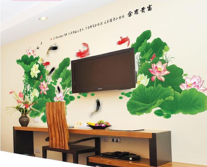 [HCM]Decal trang trí tường - Hồ Sen đậm lớn và đàn cá KOI
