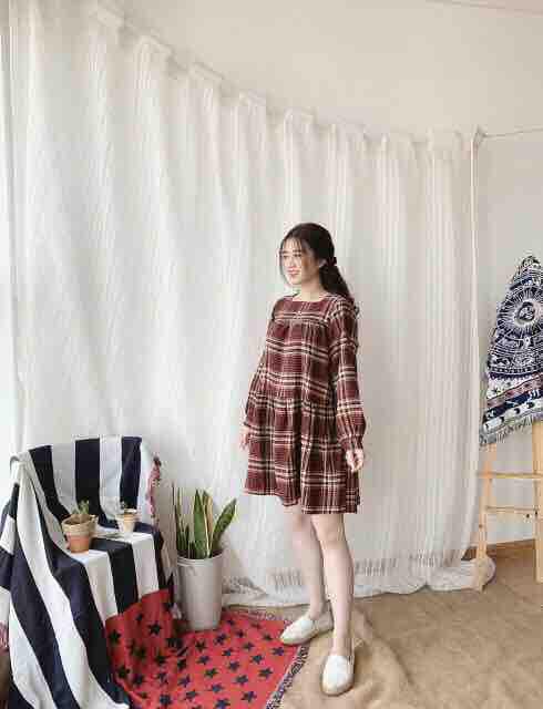 [HCM]ĐẦM BABYDOLL CARO TAY DÀI