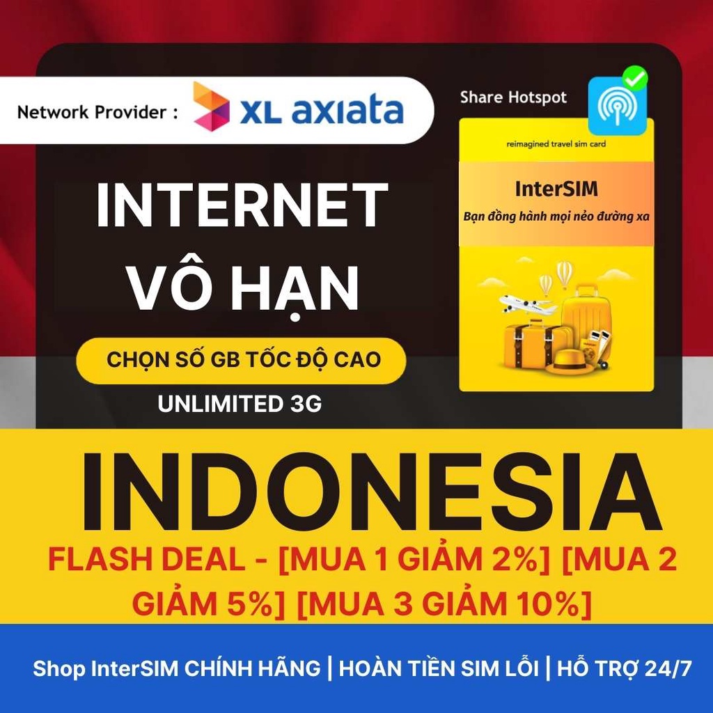 【Sim du lịch Indonesia】【Nhà mạng XL】【Internet tốc độ cao 4G / 5G】Sim Du Lịch InterSIM giao hoả tốc từ HCM