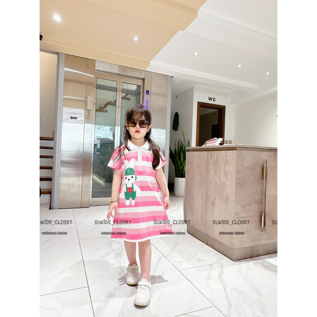 Set váy polo kẻ xanh - trắng dáng chữ A cho bé gái