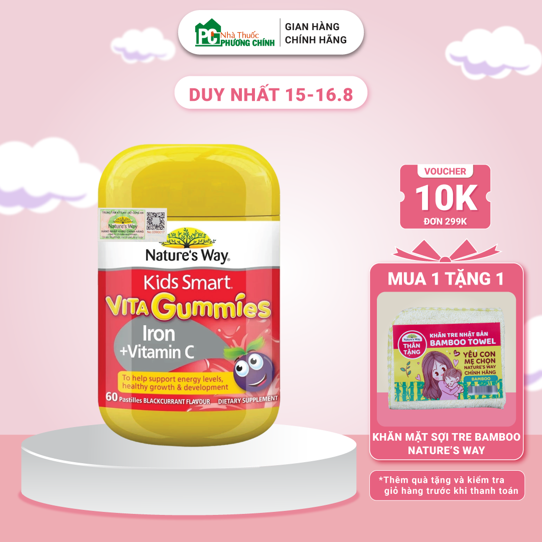 Kẹo dẻo bổ sung sắt hữu cơ và vitamin c - nature's way kids smart vita gummies iron + vitamin c