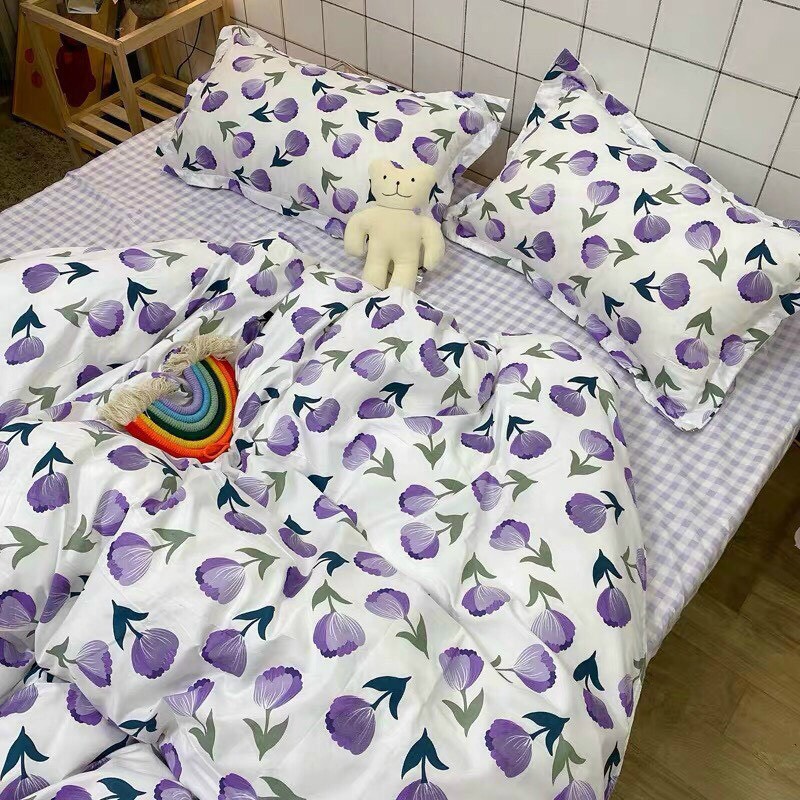 Bộ Chăn Ga Gối Cotton Poly - Hoa Tím ( 1 Drap + 2 Vỏ Gối Nằm + 1 Vỏ Chăn ) Tiệm Nhà Cá
