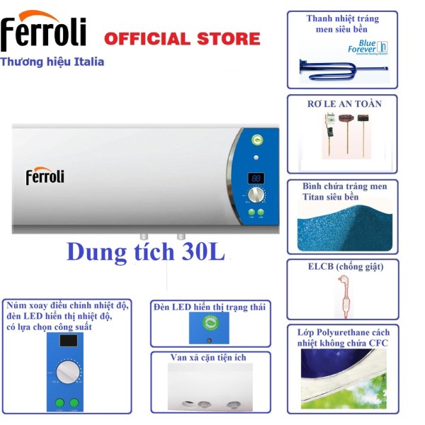 Bảng giá Bình nước nóng FEROLI: Verdi AE 15L- 20L- 30L( Thanh đốt siêu bền- hiển thị nhiệt độ- 3 công suất)