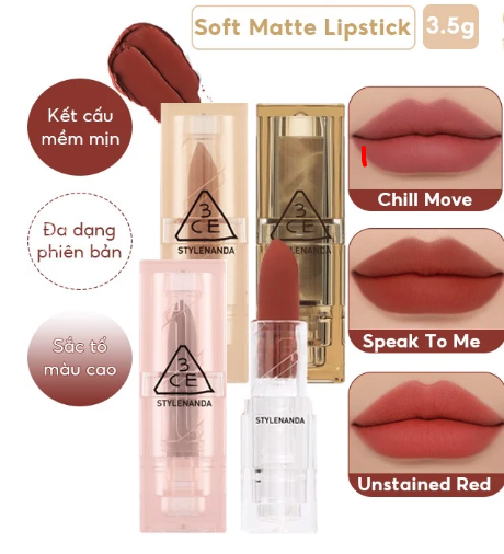 Son Thỏi Lì, Lên Màu Chuẩn 3CE Soft Matte Lipstick 3.5g