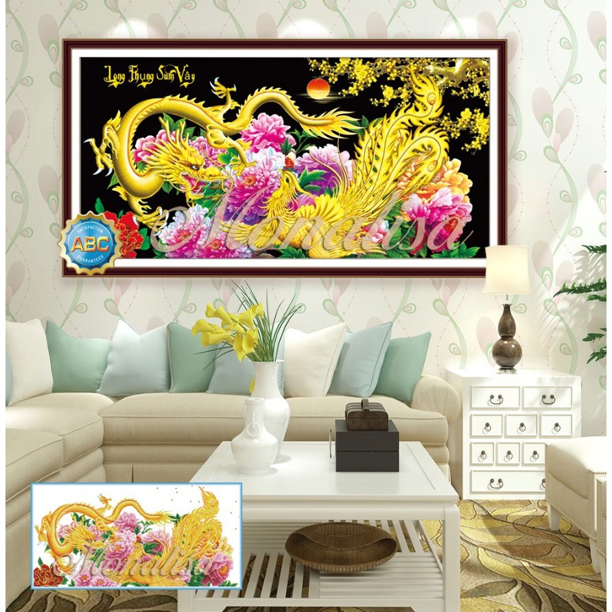 Tranh Đính Đá LONG PHỤNG SUM VẦY (ĐÁ ABC CAO CẤP). Kích Thước: 1m x 55cm - 1m6 x 75cm