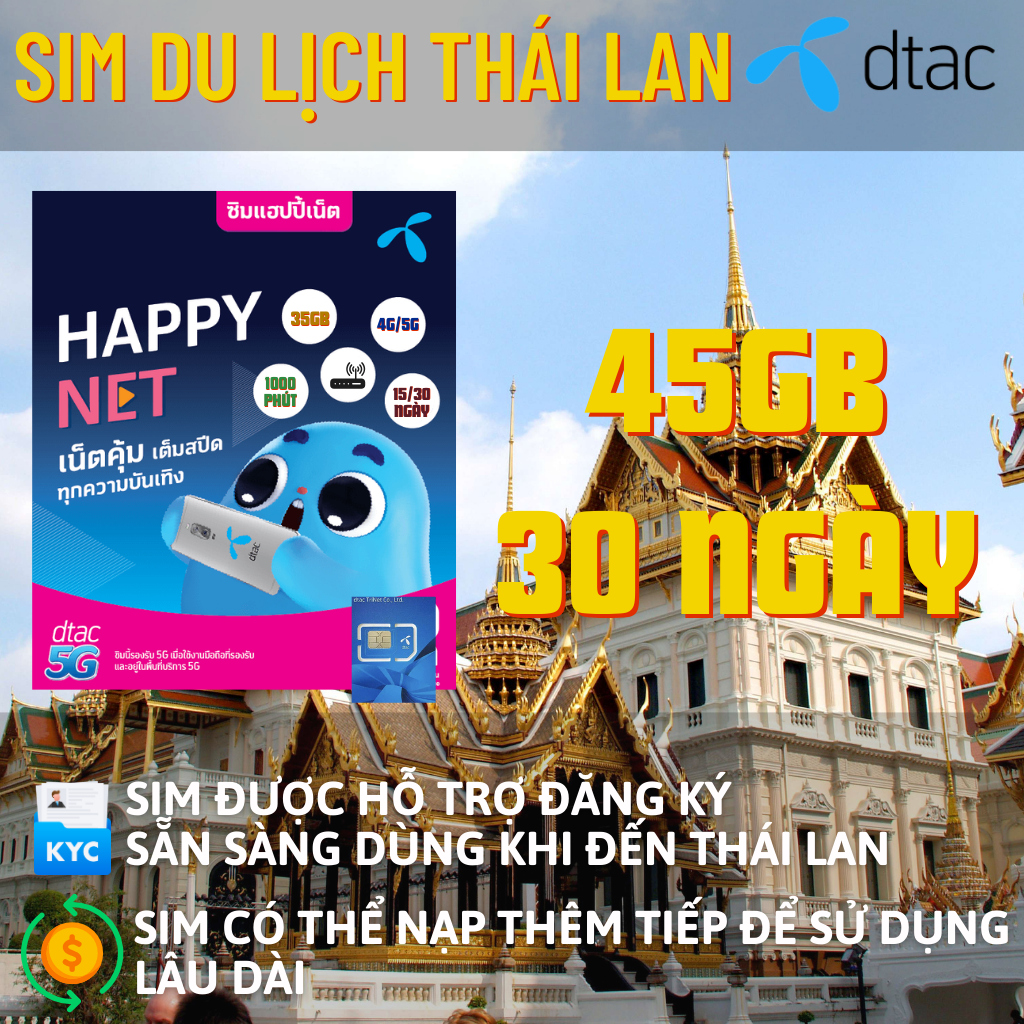 SIM DU LỊCH THÁI LAN INTERNET TỐC ĐỘ CAO 5 HOẶC 7 NGÀY MẠNG DTAC