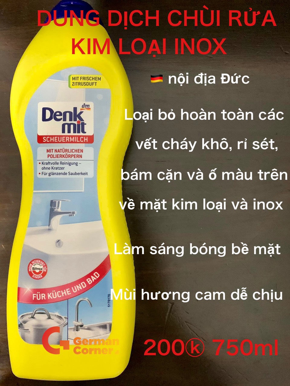 [HCM]Dung dịch tẩy Inox Denkmit 750ml