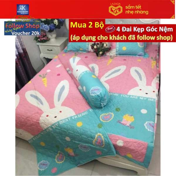 Trọn Bộ Chăn Ga Gối Phủ Rèm Kovico Cotton Poly Thỏ Hồng