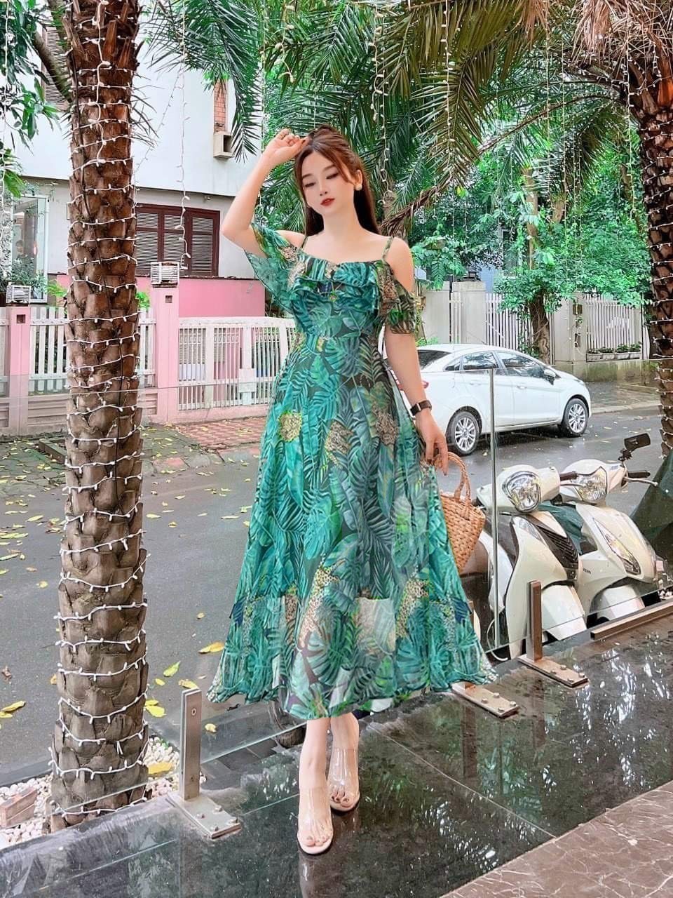 Đầm voan hoa rớt vai đủ màu xinh sang chảnh ldt922