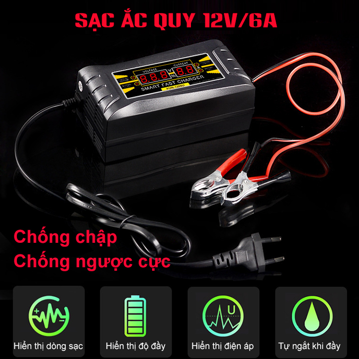 Bộ sạc bình ắc quy 12V 6A ( sacjn bình 12Ah-100Ah) SUOER-SON 1206D tránh sunfat hóa thông minh tự ngăt khi đầy chống ngược cực, may sac binh ac quy, sac acquy, sac ac quy xe may, sac binh