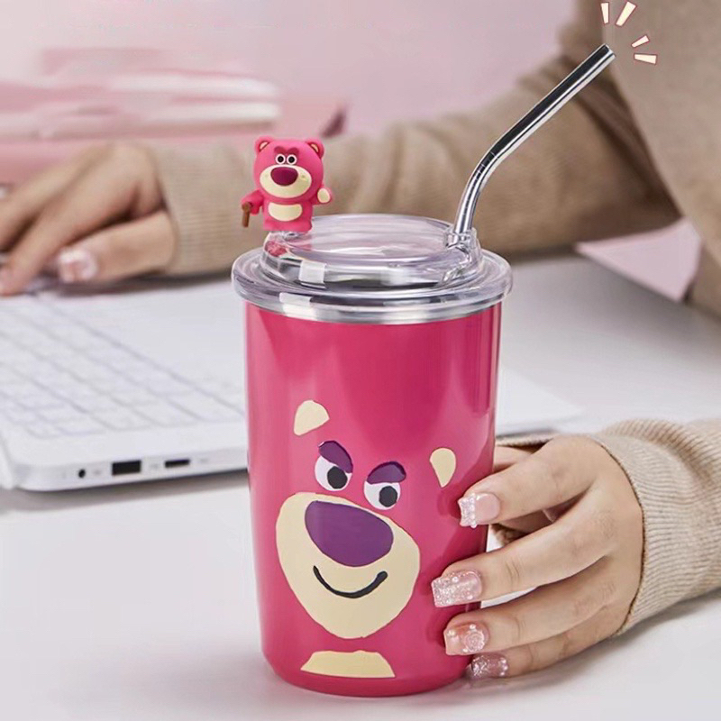 LY CỐC GIỮ NHIỆT HOẠ TIẾT GẤU DÂU LOSTO SIÊU XINH LÕI INOX 304 CHỐNG GỈ 450ML Tặng Ống Hút - Bình Nước Gấu Dâu 450ml