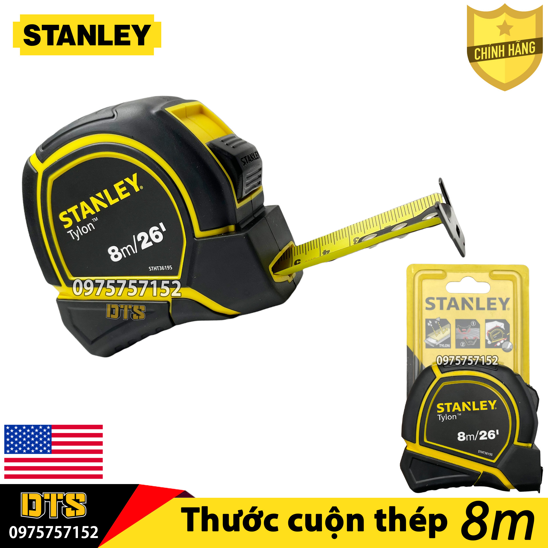 Thước cuộn thép 8m TYLON hãng STANLEY Mỹ, thước kéo thép nền vàng lưỡi khắc laser phủ NYLON siêu nét, vỏ bọc cao su ABS chống va đập, vạch chia chính xác tuyệt đối, thước rút thép, thước dây thép, thước mét, thuoc cuon, thuoc keo