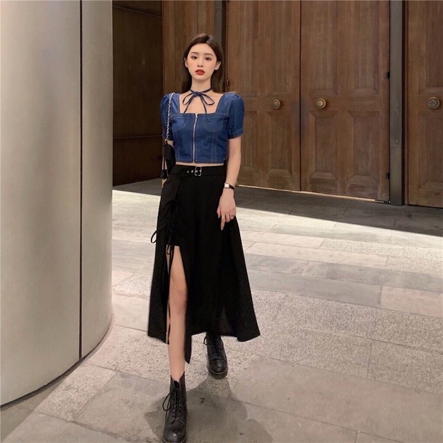 CHÂN VÁY ĐEN DÀI XẺ TÀ KÈM ĐAI HOT TREND