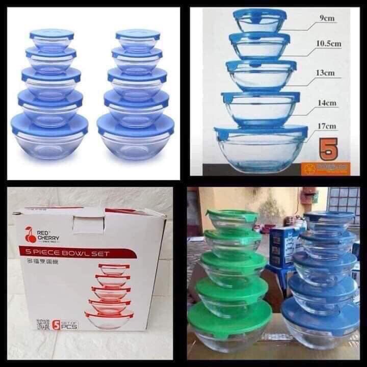 Set 5 bát thủy tinh có nắp đậy.