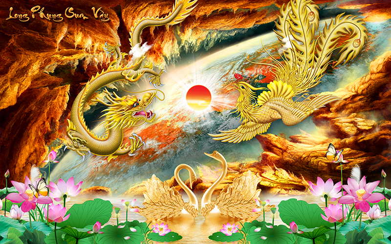 Tranh dán tường VTC Long Phụng xum vầy UD0343 Kim sa